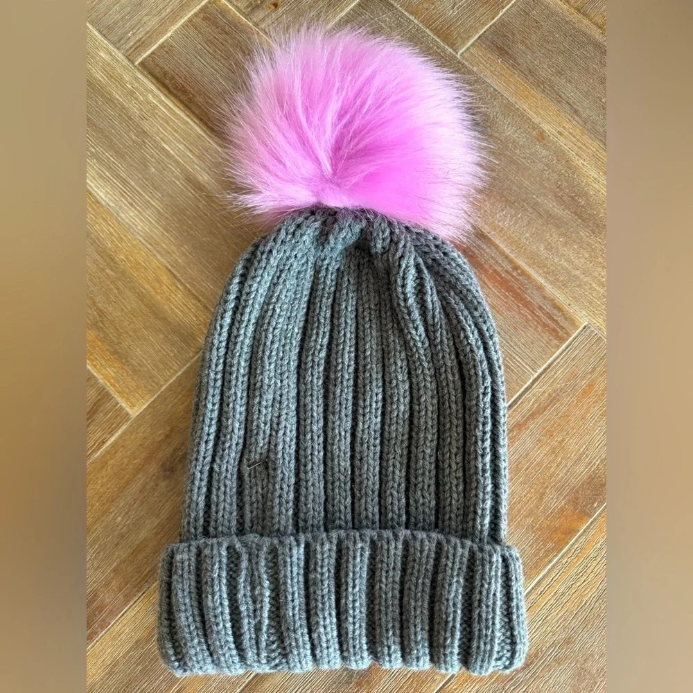 Kensie Charcoal Knit Hat with Vibrant Pink Pom-Pom